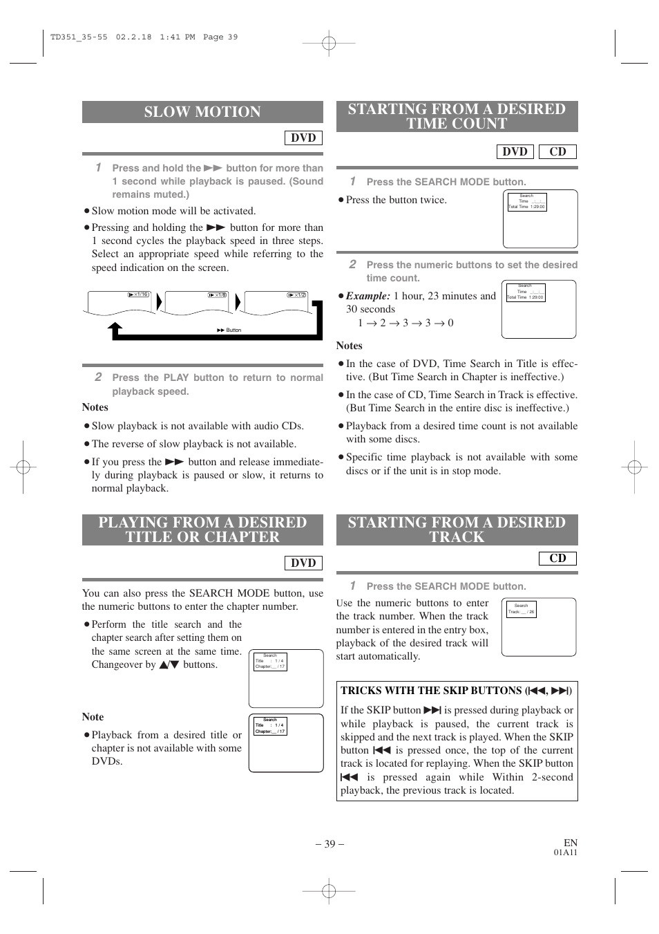 Playing from a desired title or chapter, Slow motion, Starting from a desired track | Starting from a desired time count | Emerson EWC19T1 User Manual | Page 39 / 64