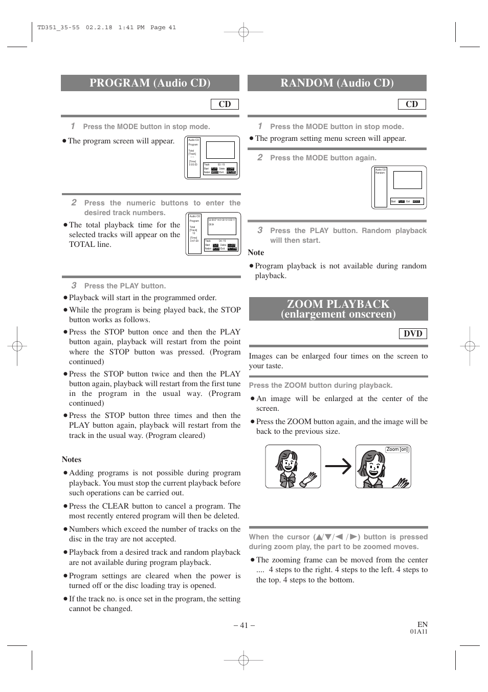 Zoom playback (enlargement onscreen), Program (audio cd), Random (audio cd) | S / b, The program screen will appear, Playback will start in the programmed order, The program setting menu screen will appear | Emerson EWC19T1 User Manual | Page 41 / 64