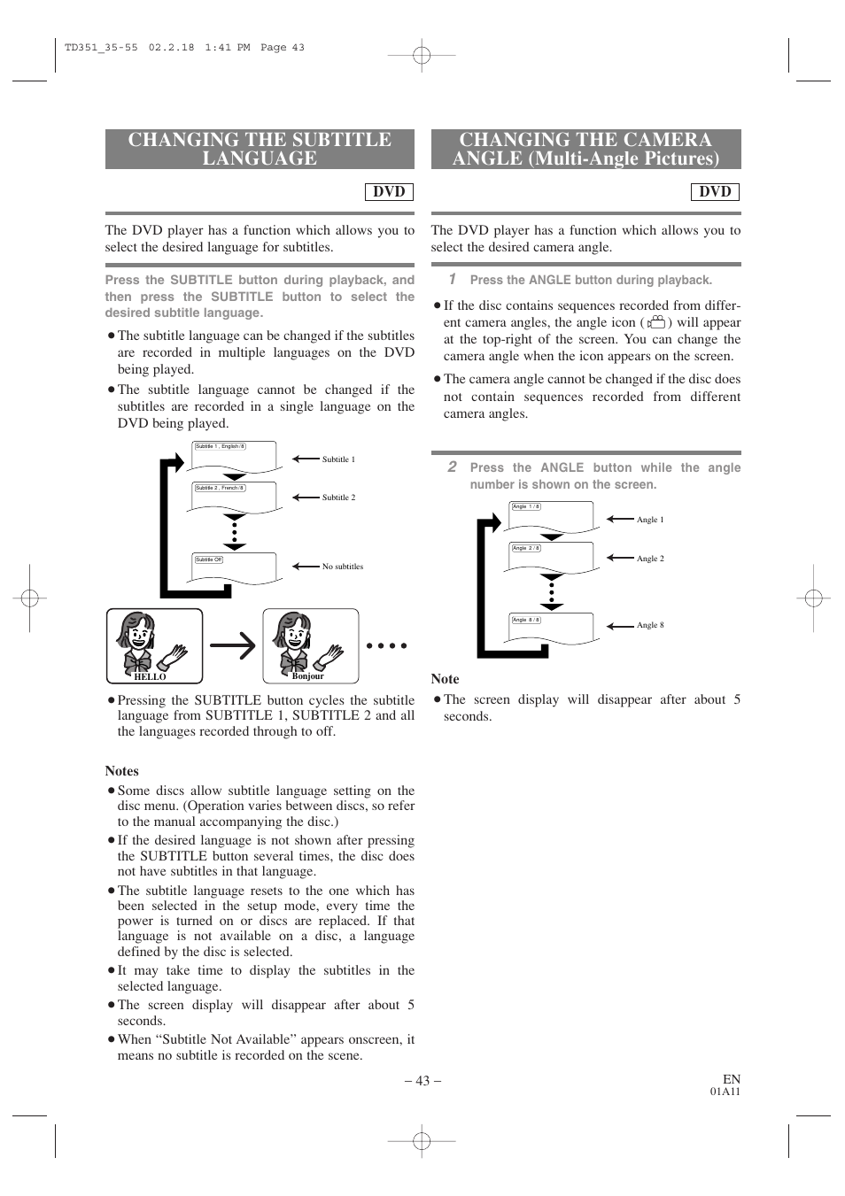 Changing the subtitle language, Changing the camera angle (multi-angle pictures) | Emerson EWC19T1 User Manual | Page 43 / 64
