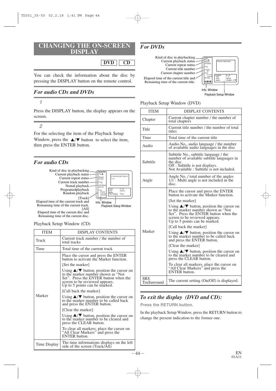 Changing the on-screen display, For dvds, For audio cds and dvds | For audio cds, Cd dvd | Emerson EWC19T1 User Manual | Page 44 / 64