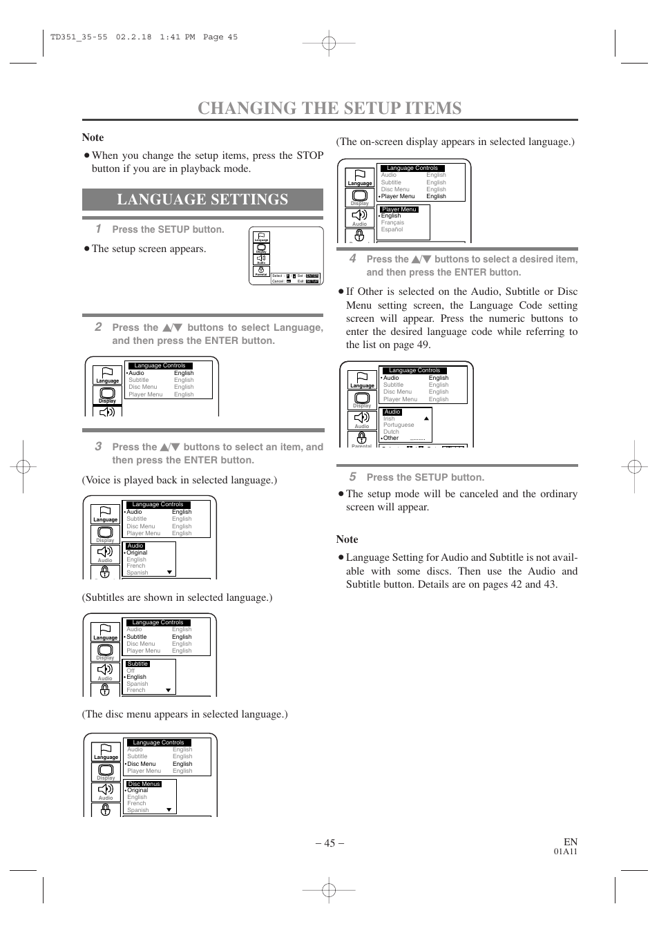 Changing the setup items, Language settings, The setup screen appears | Press the setup button, Press the | Emerson EWC19T1 User Manual | Page 45 / 64