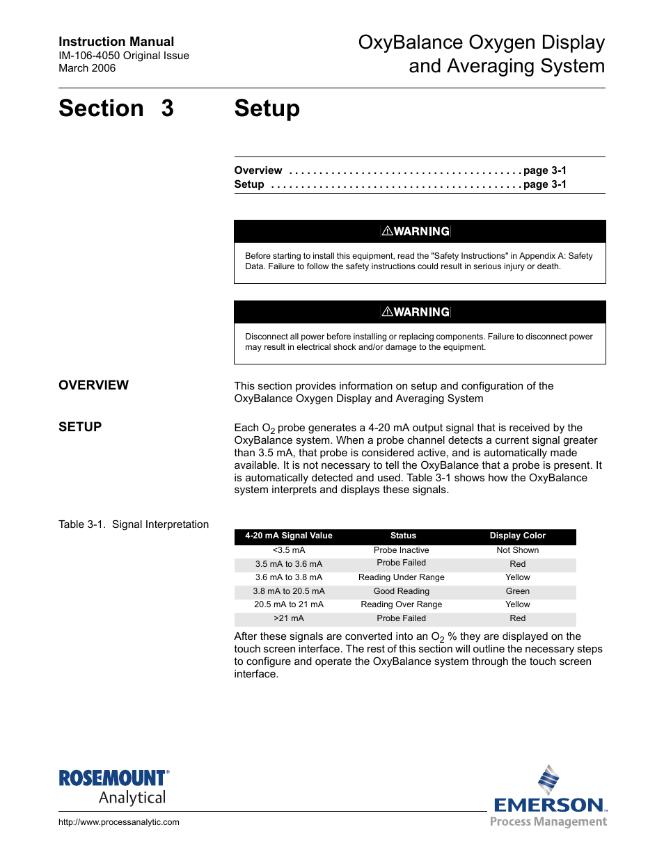 Section 3 setup, Overview, Setup | Overview -1 setup -1, R to section 3, setup, Oxybalance oxygen display and averaging system | Emerson OXYBALANCE IM-106-4050 User Manual | Page 17 / 64