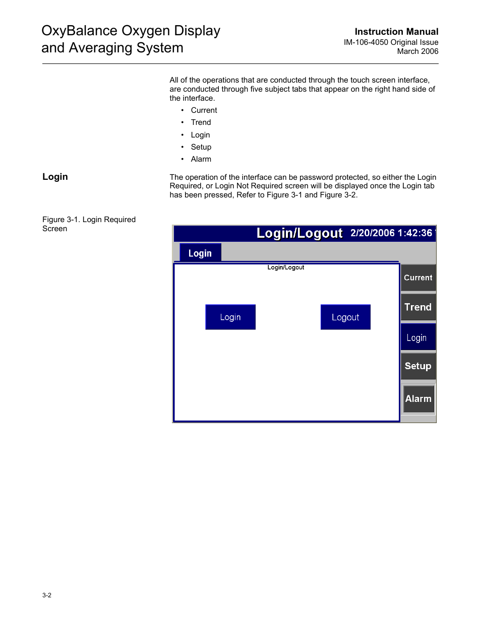 Login, Login -2, Oxybalance oxygen display and averaging system | Emerson OXYBALANCE IM-106-4050 User Manual | Page 18 / 64