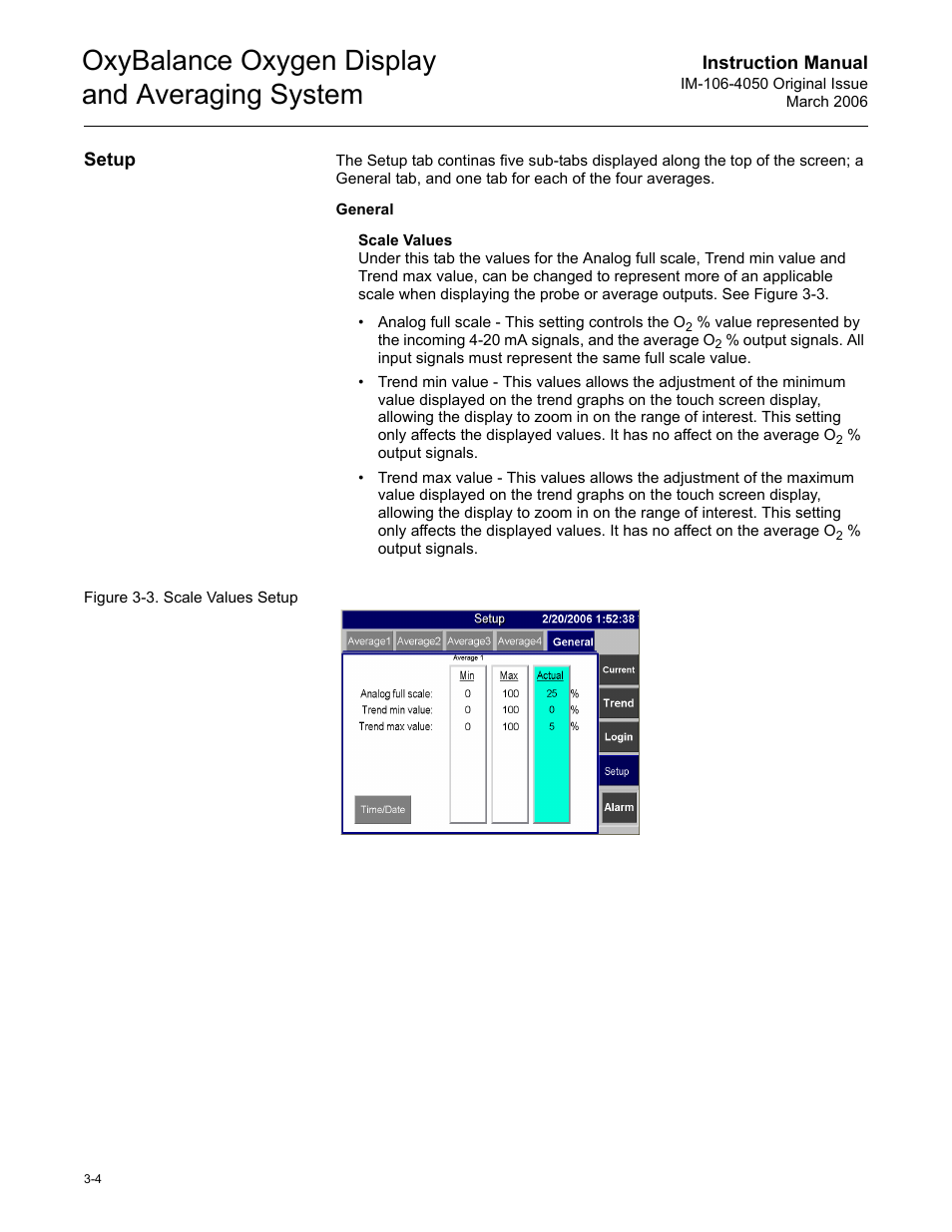 Setup, Setup -4, Oxybalance oxygen display and averaging system | Emerson OXYBALANCE IM-106-4050 User Manual | Page 20 / 64