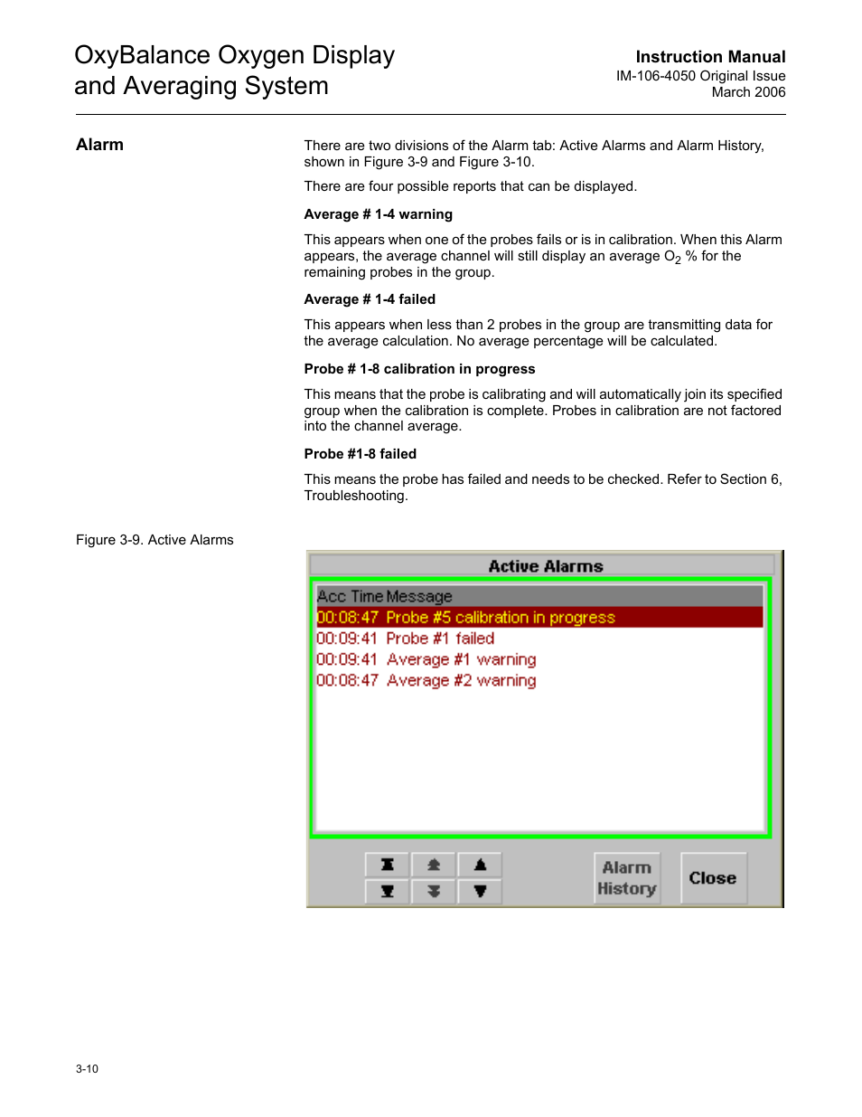 Alarm, Alarm -10, Oxybalance oxygen display and averaging system | Emerson OXYBALANCE IM-106-4050 User Manual | Page 26 / 64