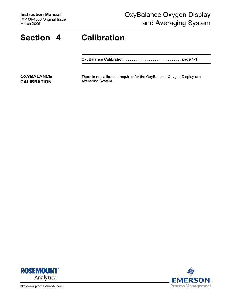 Section 4 calibration, Oxybalance calibration, Oxybalance calibration -1 | Oxybalance oxygen display and averaging system | Emerson OXYBALANCE IM-106-4050 User Manual | Page 29 / 64