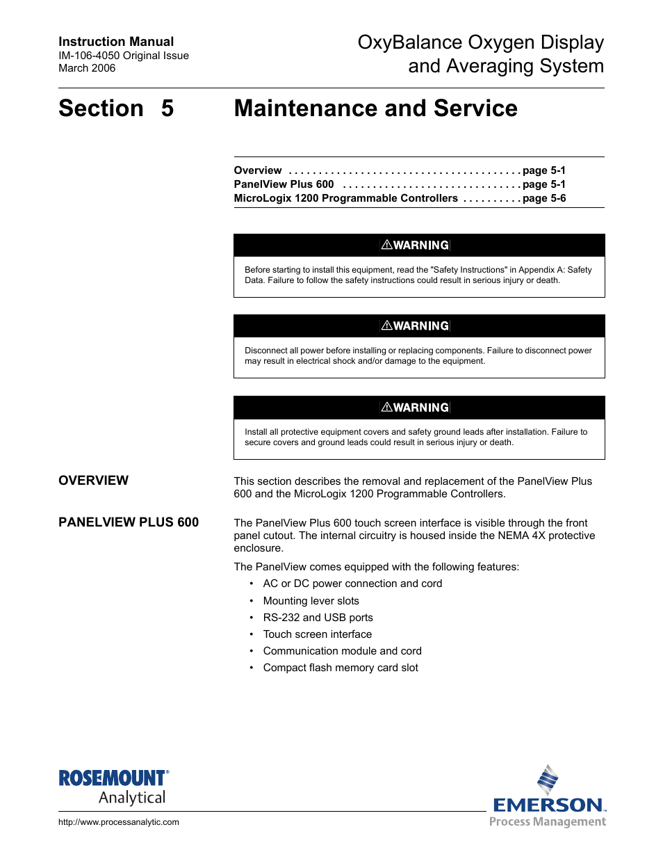 Section 5 maintenance and service, Overview, Panelview plus 600 | Overview -1 panelview plus 600 -1, Oxybalance oxygen display and averaging system | Emerson OXYBALANCE IM-106-4050 User Manual | Page 31 / 64