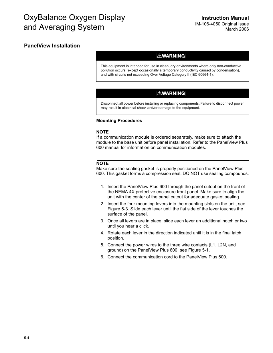Panelview installation, Panelview installation -4, Oxybalance oxygen display and averaging system | Emerson OXYBALANCE IM-106-4050 User Manual | Page 34 / 64