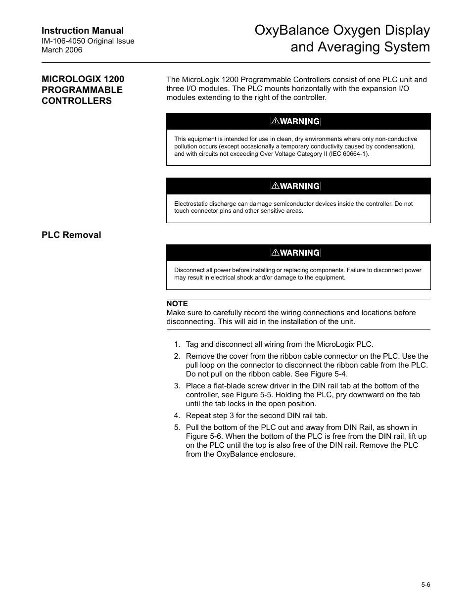 Micrologix 1200 programmable controllers, Plc removal, Micrologix 1200 programmable controllers -6 | Plc removal -6, Oxybalance oxygen display and averaging system | Emerson OXYBALANCE IM-106-4050 User Manual | Page 36 / 64