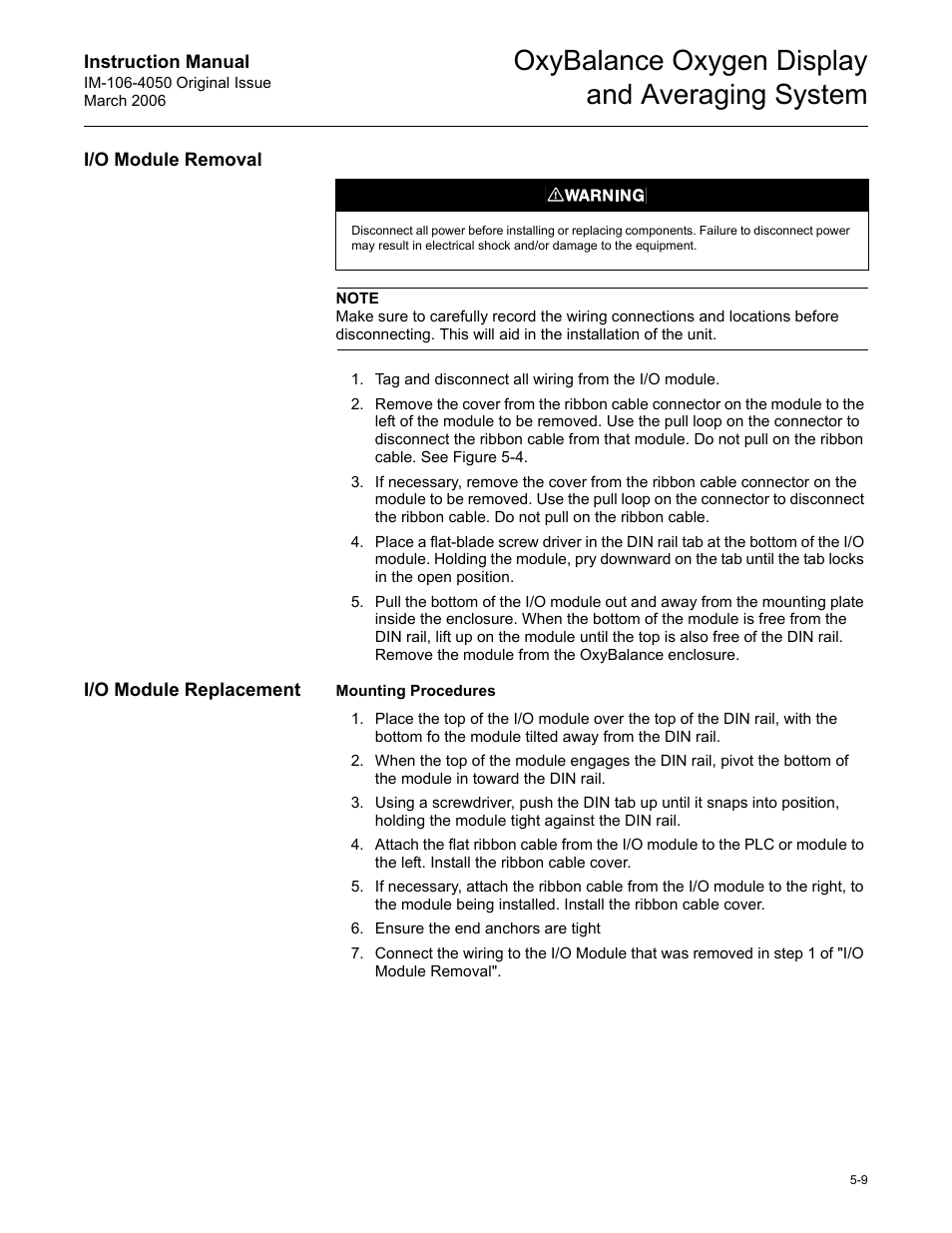 I/o module removal, I/o module replacement, I/o module removal -9 i/o module replacement -9 | Oxybalance oxygen display and averaging system | Emerson OXYBALANCE IM-106-4050 User Manual | Page 39 / 64