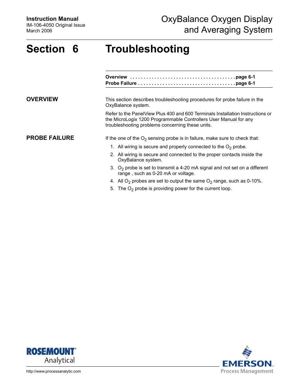Section 6 troubleshooting, Overview, Probe failure | Overview -1 probe failure -1, Oxybalance oxygen display and averaging system | Emerson OXYBALANCE IM-106-4050 User Manual | Page 41 / 64