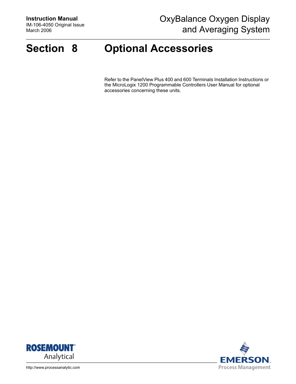 Section 8 optional accessories, Oxybalance oxygen display and averaging system | Emerson OXYBALANCE IM-106-4050 User Manual | Page 45 / 64