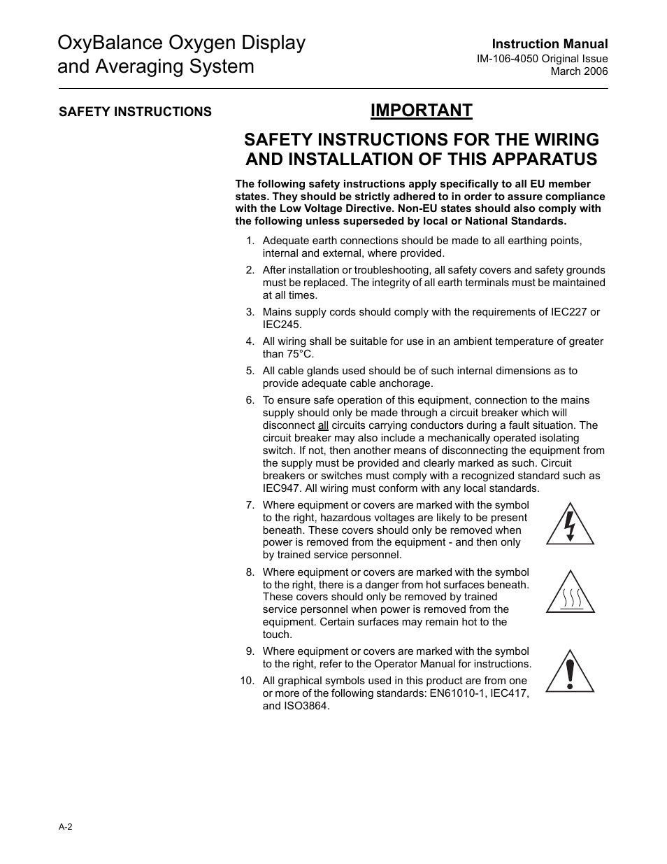 Safety instructions, The "safety instructions, Oxybalance oxygen display and averaging system | Emerson OXYBALANCE IM-106-4050 User Manual | Page 48 / 64
