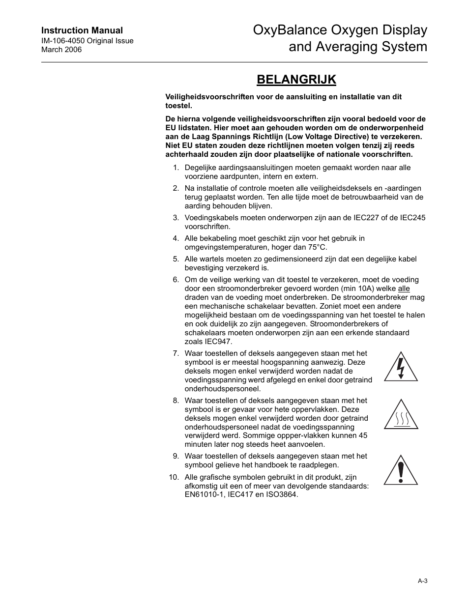 Oxybalance oxygen display and averaging system, Belangrijk | Emerson OXYBALANCE IM-106-4050 User Manual | Page 49 / 64