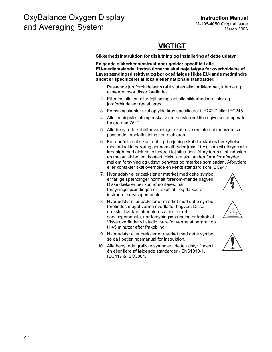 Oxybalance oxygen display and averaging system, Vigtigt | Emerson OXYBALANCE IM-106-4050 User Manual | Page 50 / 64
