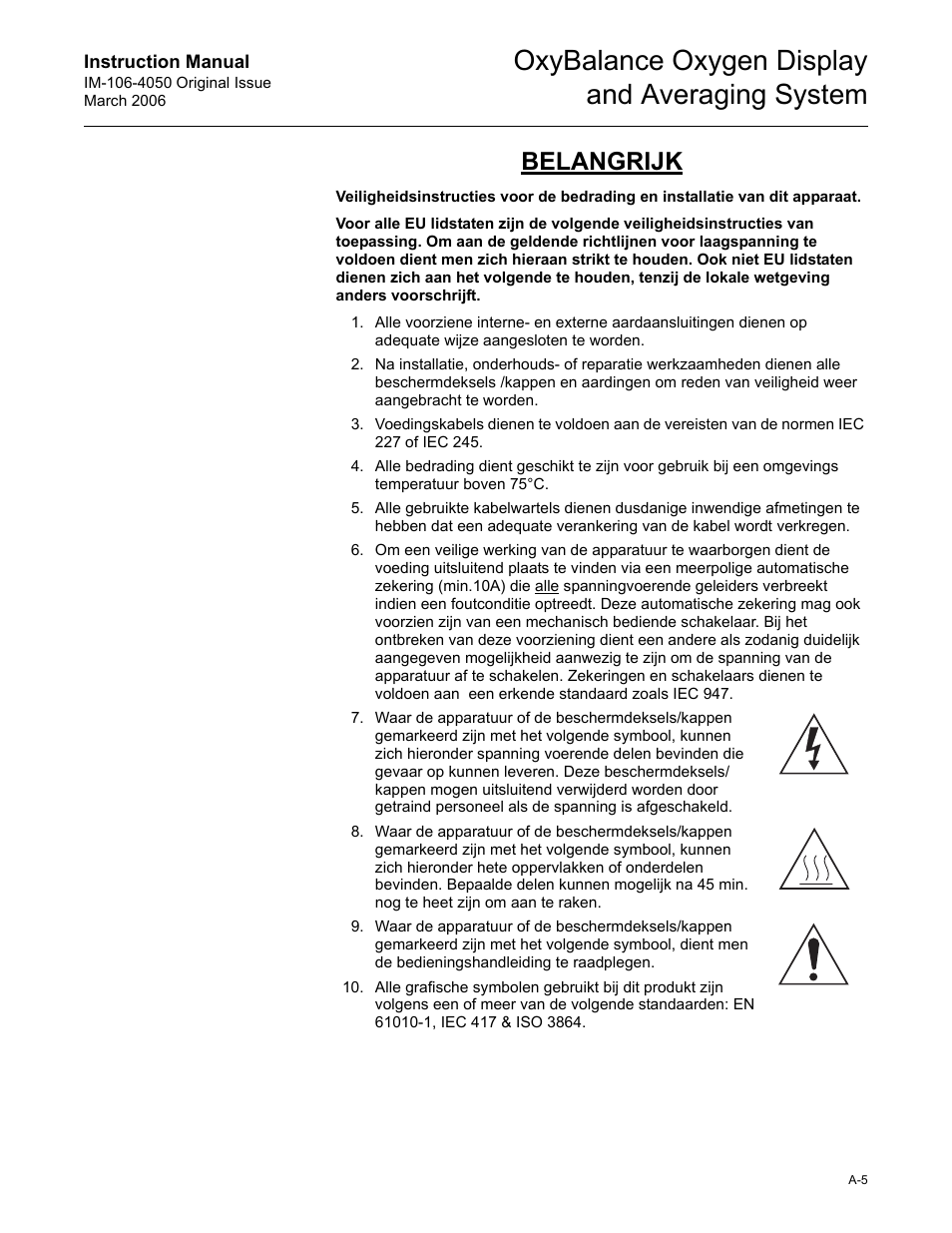 Oxybalance oxygen display and averaging system, Belangrijk | Emerson OXYBALANCE IM-106-4050 User Manual | Page 51 / 64