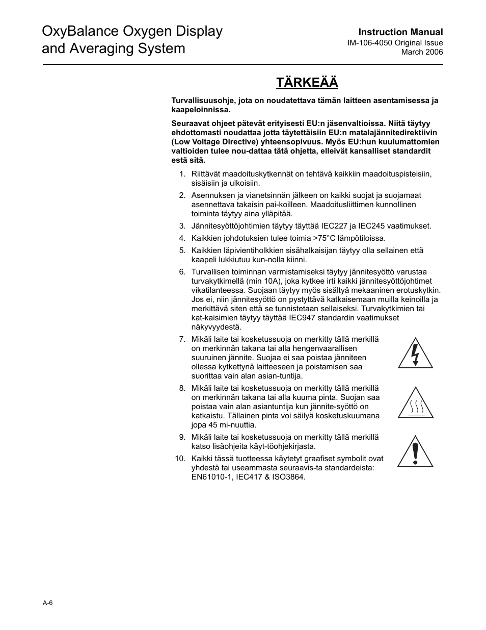 Oxybalance oxygen display and averaging system, Tärkeää | Emerson OXYBALANCE IM-106-4050 User Manual | Page 52 / 64