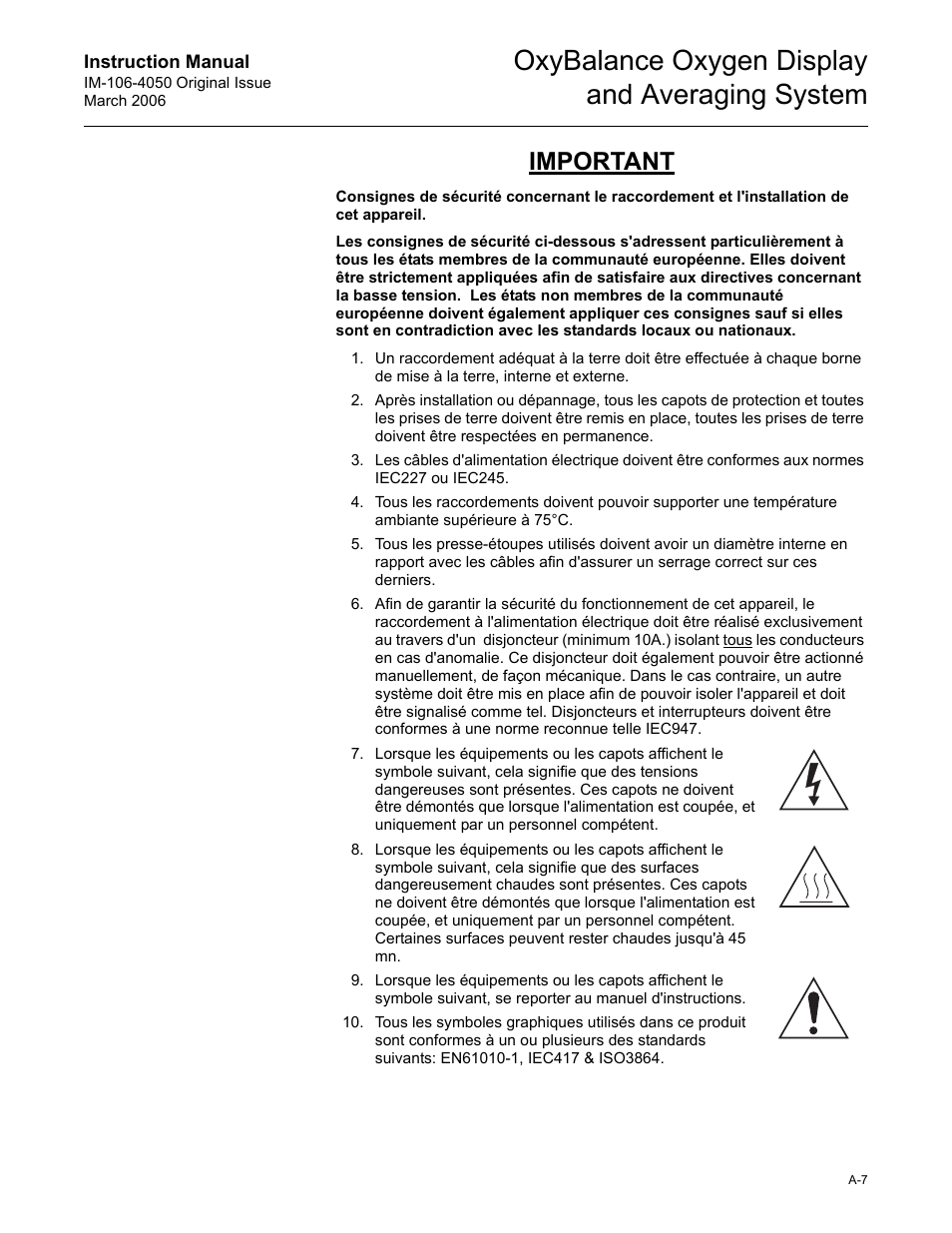 Oxybalance oxygen display and averaging system, Important | Emerson OXYBALANCE IM-106-4050 User Manual | Page 53 / 64