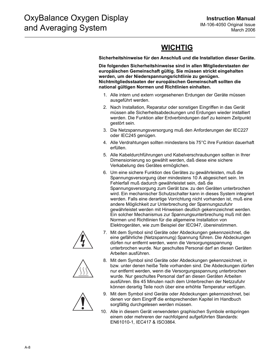 Oxybalance oxygen display and averaging system, Wichtig | Emerson OXYBALANCE IM-106-4050 User Manual | Page 54 / 64