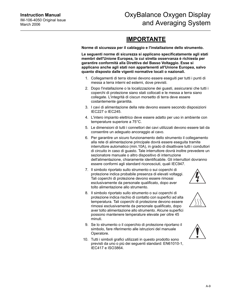 Oxybalance oxygen display and averaging system, Importante | Emerson OXYBALANCE IM-106-4050 User Manual | Page 55 / 64
