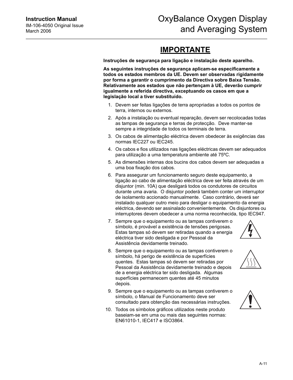 Oxybalance oxygen display and averaging system, Importante | Emerson OXYBALANCE IM-106-4050 User Manual | Page 57 / 64