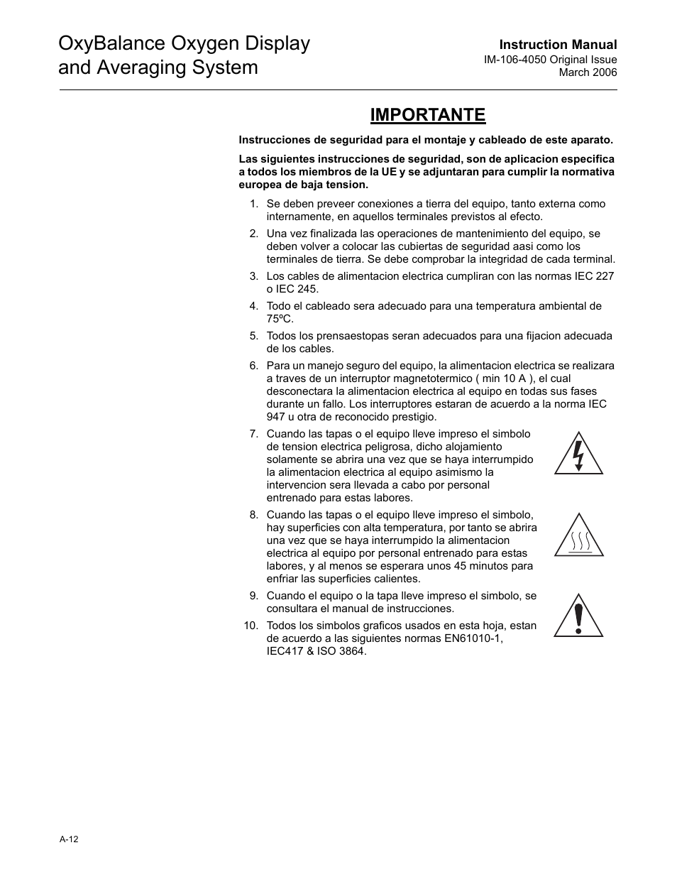 Oxybalance oxygen display and averaging system, Importante | Emerson OXYBALANCE IM-106-4050 User Manual | Page 58 / 64