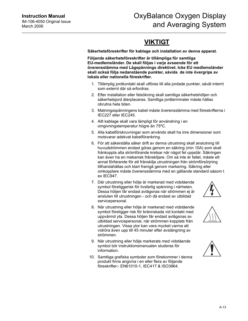 Oxybalance oxygen display and averaging system, Viktigt | Emerson OXYBALANCE IM-106-4050 User Manual | Page 59 / 64