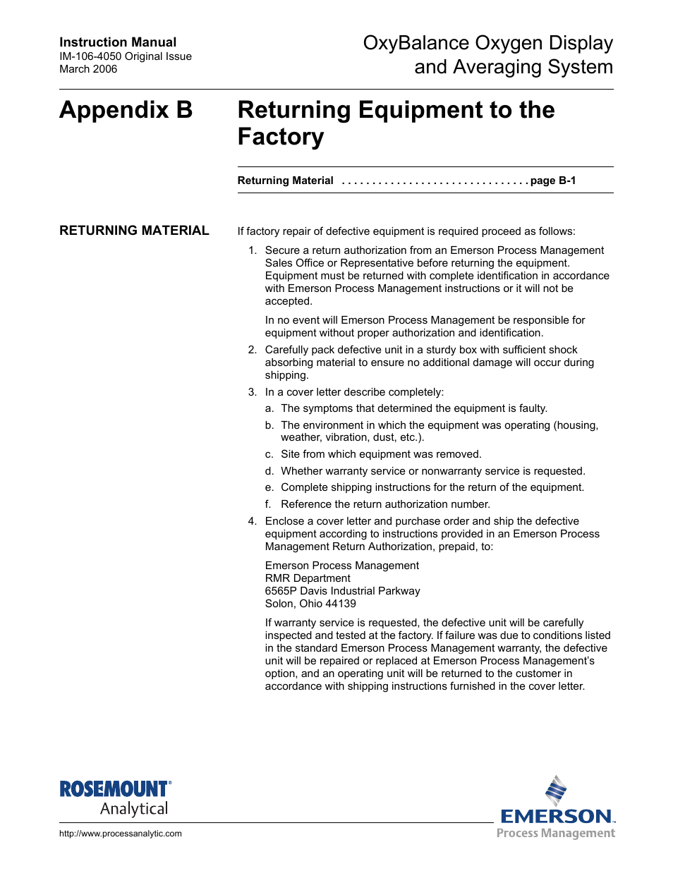 Appendix b returning equipment to the factory, Returning material, Section b returning equipment to the factory | Oxybalance oxygen display and averaging system | Emerson OXYBALANCE IM-106-4050 User Manual | Page 61 / 64