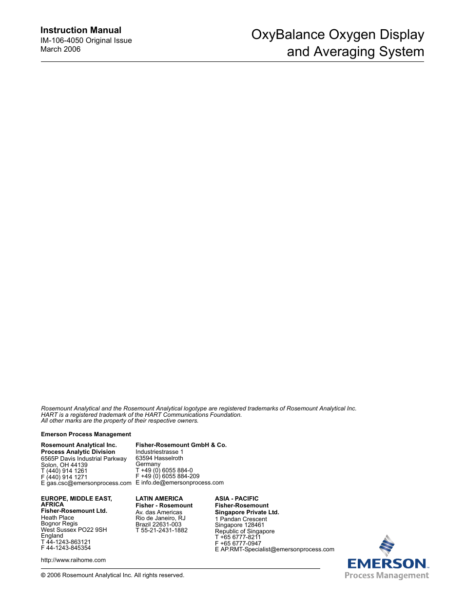 Oxybalance oxygen display and averaging system, Instruction manual | Emerson OXYBALANCE IM-106-4050 User Manual | Page 64 / 64