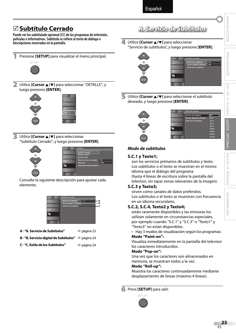 English español français, 5 subtítulo cerrado, A. servicio de subtítulos | Modo de subtítulos s.c.1 y texto1, S.c.3 y texto3, S.c.2, s.c.4, texto2 y texto4, Presione [setup] para visualizar el menú principal, Press [setup] para salir | Emerson LC320EMXF User Manual | Page 101 / 116
