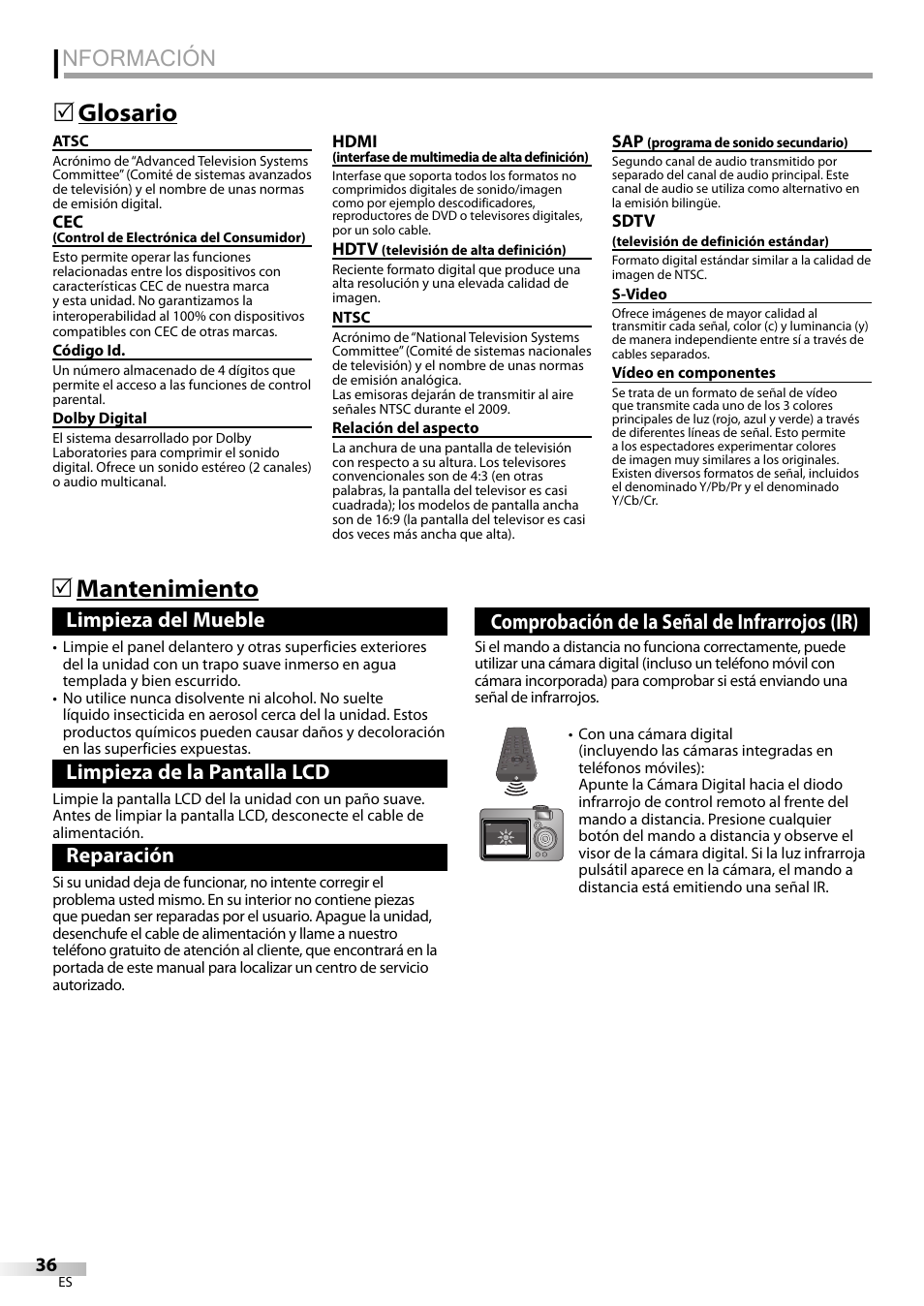 Nformación, 5 glosario 5 mantenimiento, Limpieza del mueble | Limpieza de la pantalla lcd, Reparación, Comprobación de la señal de infrarrojos (ir) | Emerson LC320EMXF User Manual | Page 114 / 116