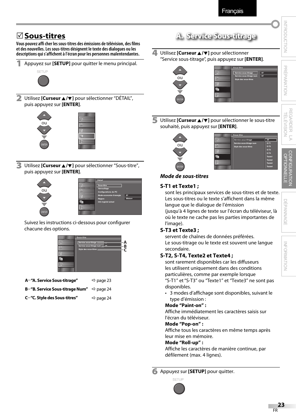 Français, 5 sous-titres, A. service sous-titrage | Mode de sous-titres s-t1 et texte1, S-t3 et texte3, S-t2, s-t4, texte2 et texte4 | Emerson LC320EMXF User Manual | Page 62 / 116