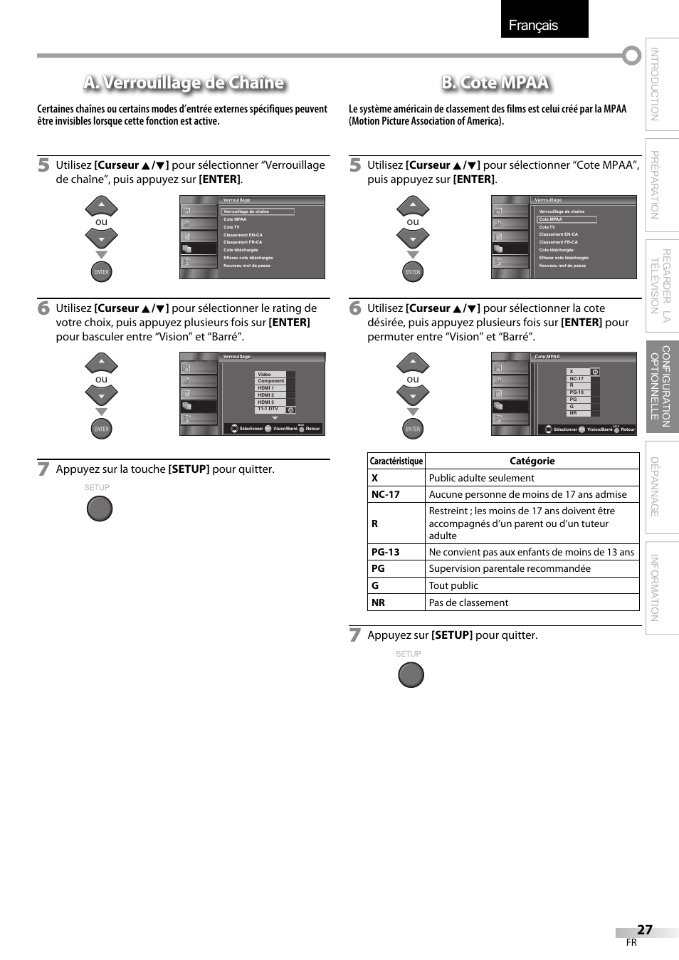 Français, A. verrouillage de chaîne, B. cote mpaa | Appuyez sur la touche [setup] pour quitter, Appuyez sur [setup] pour quitter | Emerson LC320EMXF User Manual | Page 66 / 116