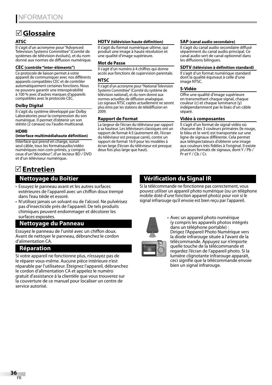 Nformation, 5 glossaire, 5 entretien | Nettoyage du boîtier, Nettoyage du panneau, Réparation, Vérification du signal ir | Emerson LC320EMXF User Manual | Page 75 / 116