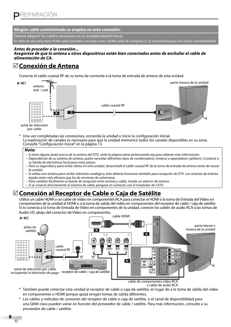 Reparación, 5 conexión de antena, 5 conexión al receptor de cable o caja de satélite | Nota | Emerson LC320EMXF User Manual | Page 86 / 116