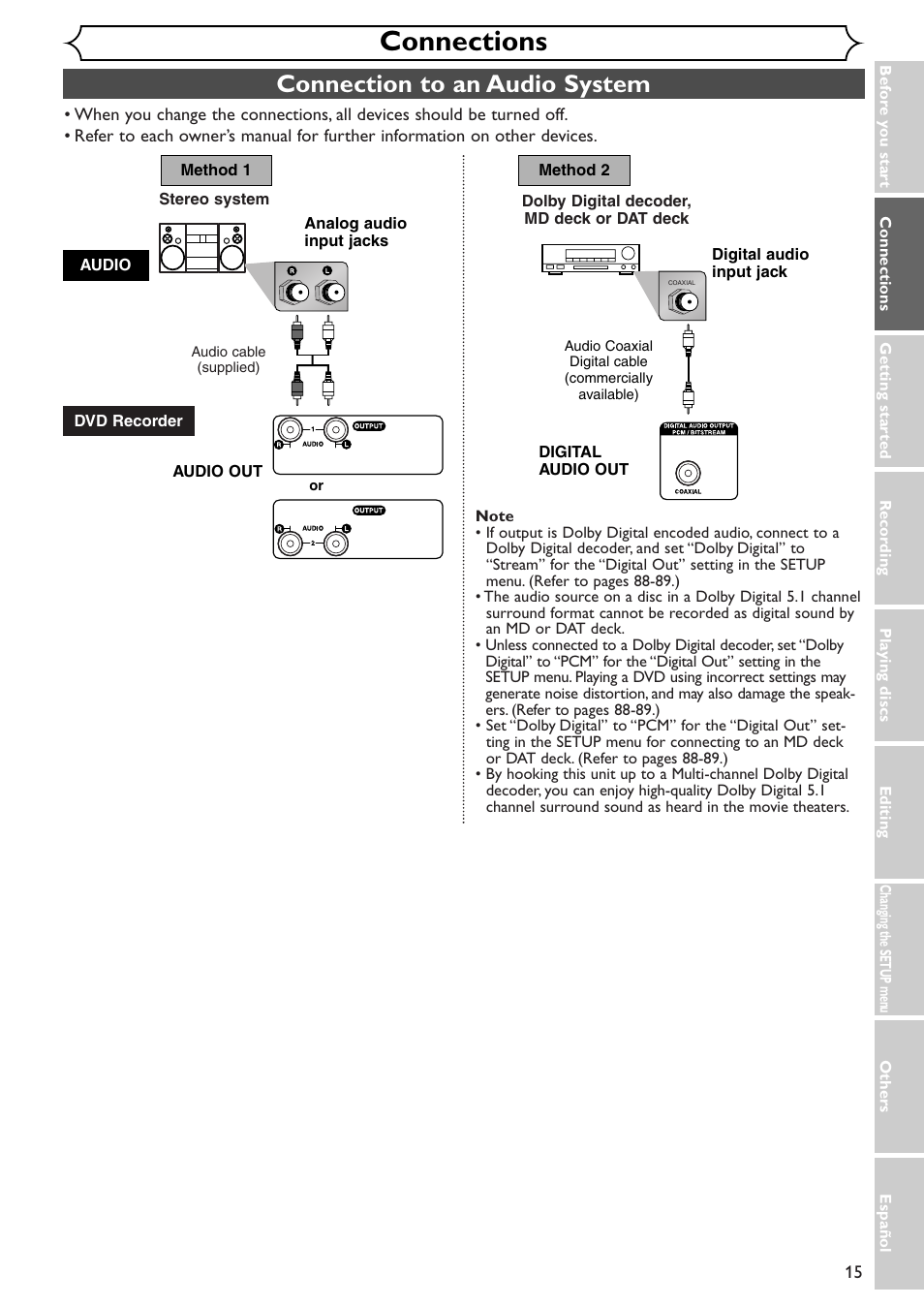 Connections, Connection to an audio system | Emerson EWR10D4 User Manual | Page 15 / 100