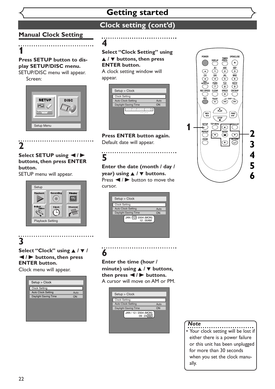 Getting started, Clock setting (cont’d), Manual clock setting | Emerson EWR10D4 User Manual | Page 22 / 100