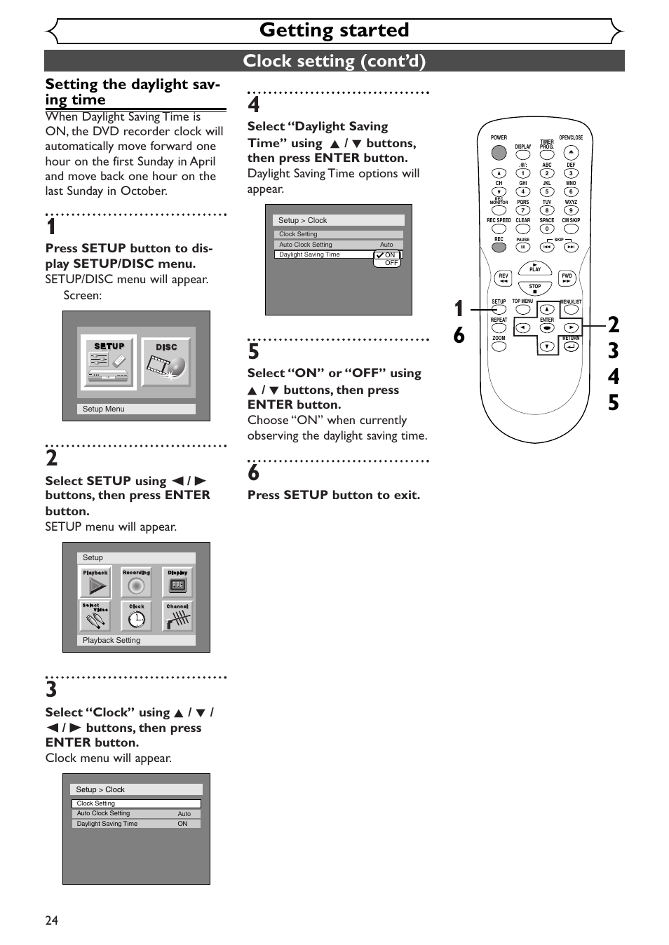 Getting started, Clock setting (cont’d), Setting the daylight sav- ing time | Press setup button to exit | Emerson EWR10D4 User Manual | Page 24 / 100