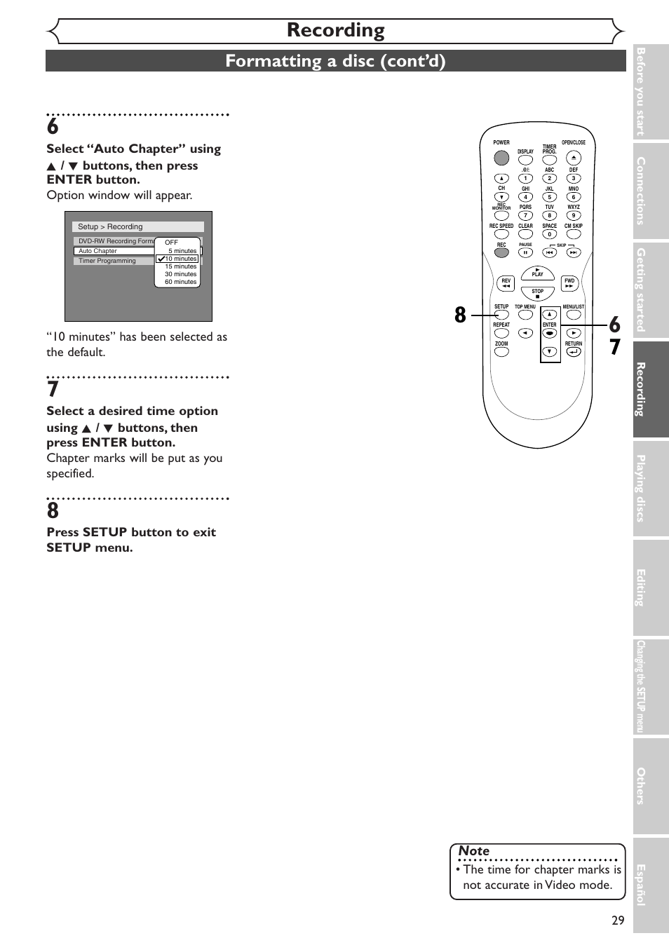 Recording, Formatting a disc (cont’d), Press setup button to exit setup menu | Emerson EWR10D4 User Manual | Page 29 / 100