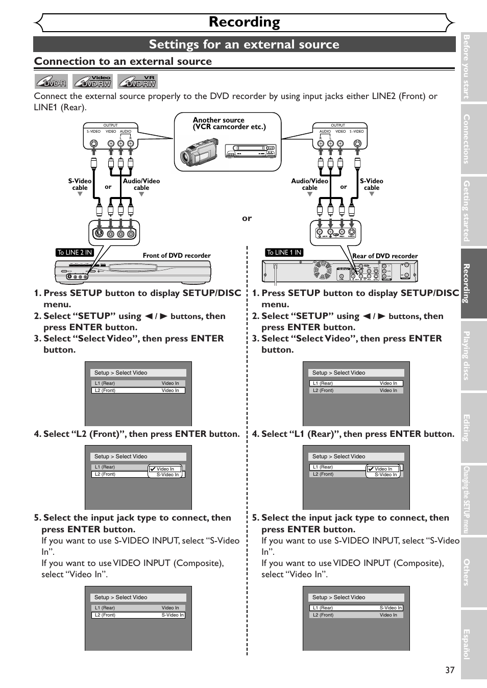 Recording, Settings for an external source, Connection to an external source | Emerson EWR10D4 User Manual | Page 37 / 100