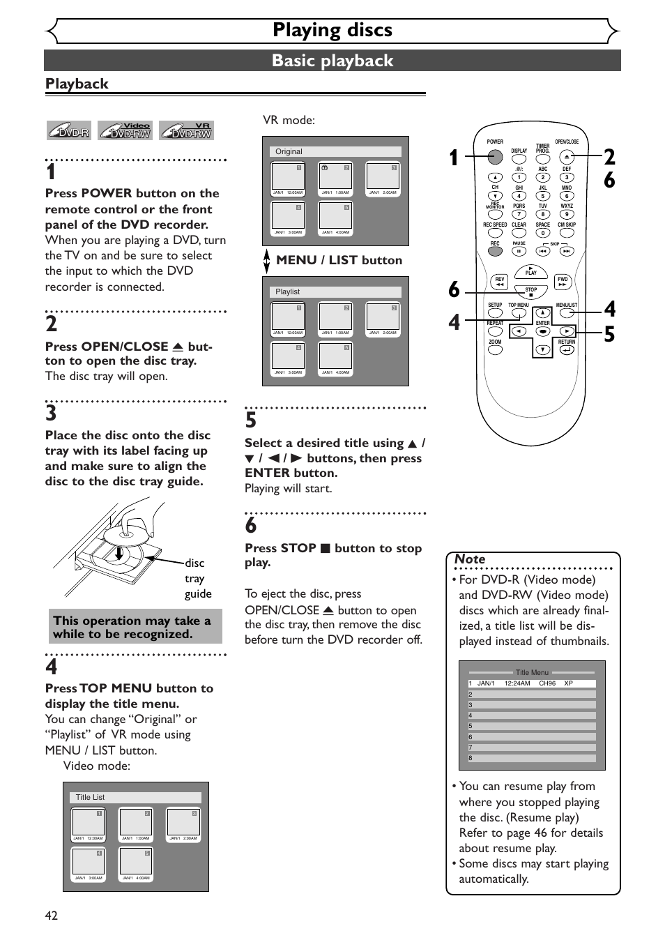 Playing discs, Basic playback, Playback | Disc tray guide, This operation may take a while to be recognized | Emerson EWR10D4 User Manual | Page 42 / 100