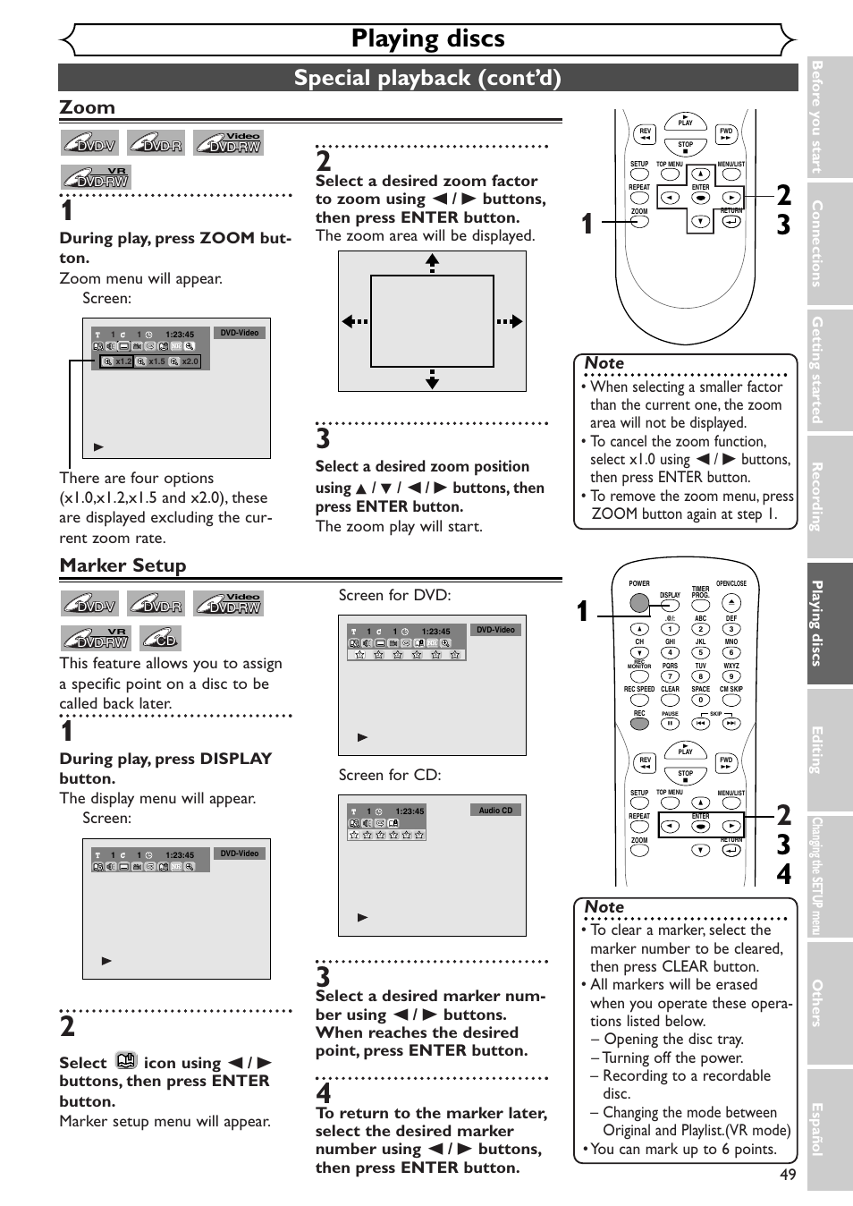 Playing discs, Special playback (cont’d), Zoom | Marker setup | Emerson EWR10D4 User Manual | Page 49 / 100