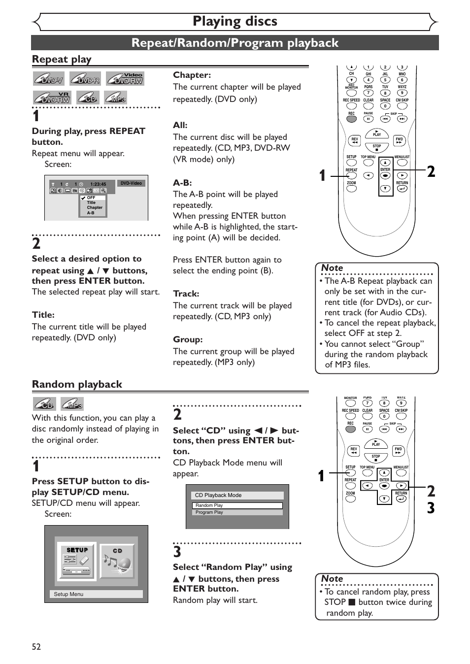 Playing discs, Repeat/random/program playback, Repeat play | Random playback | Emerson EWR10D4 User Manual | Page 52 / 100
