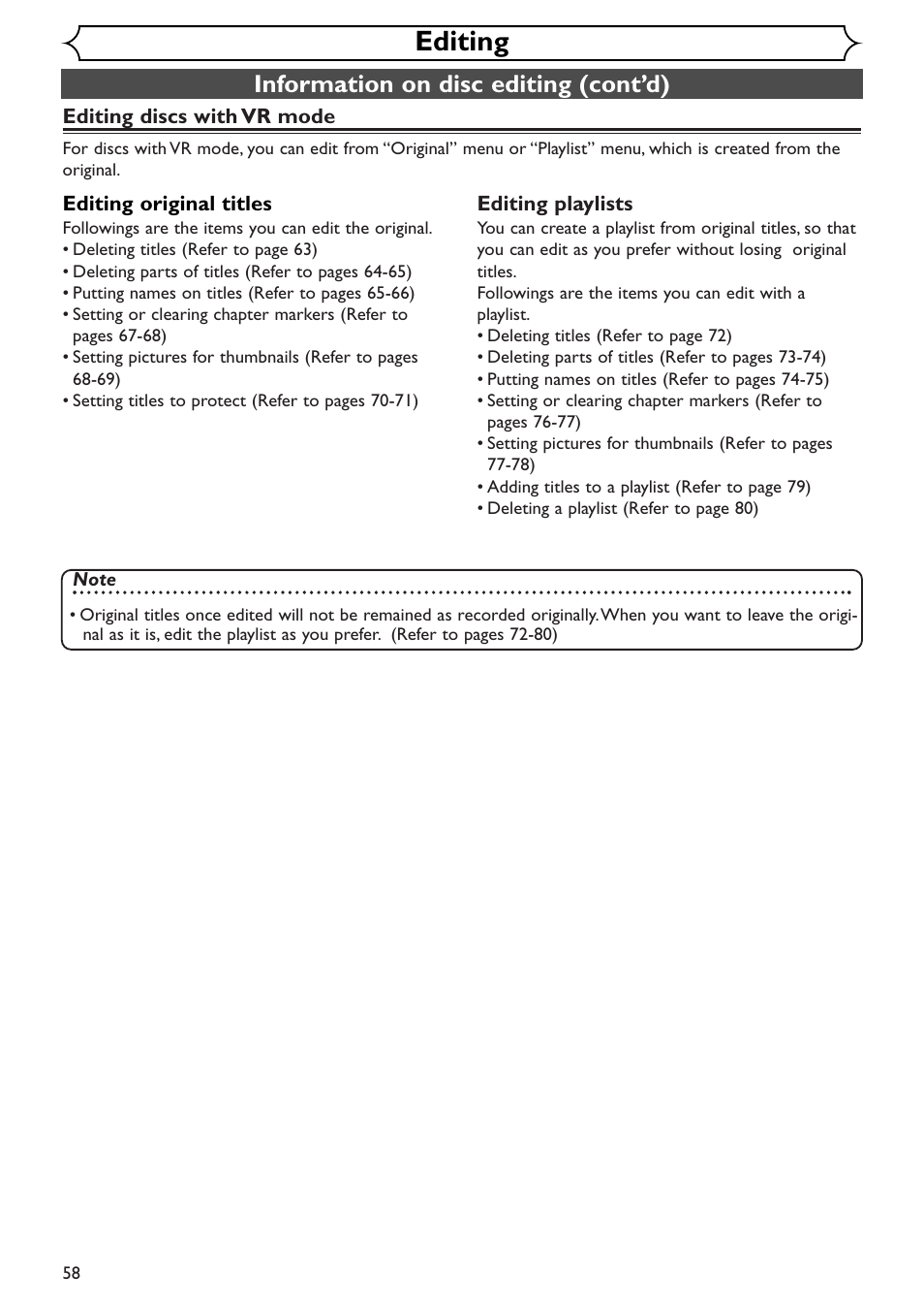 Editing, Information on disc editing (cont’d) | Emerson EWR10D4 User Manual | Page 58 / 100