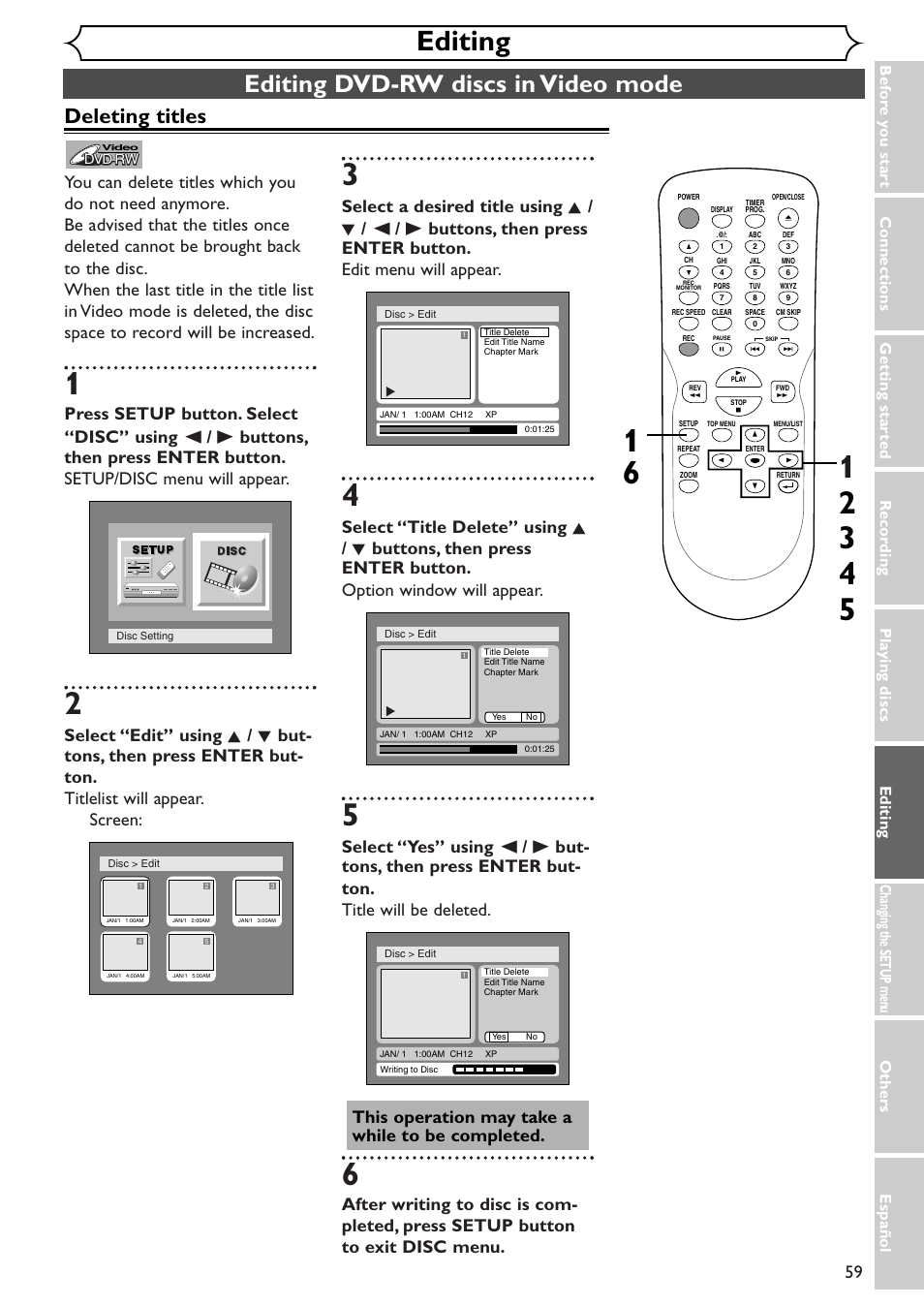 Editing, Editing dvd-rw discs in video mode, Deleting titles | Emerson EWR10D4 User Manual | Page 59 / 100
