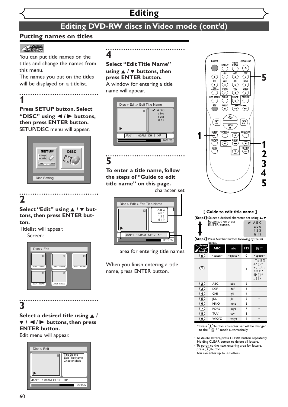Editing, Editing dvd-rw discs in video mode (cont’d), Putting names on titles | Emerson EWR10D4 User Manual | Page 60 / 100