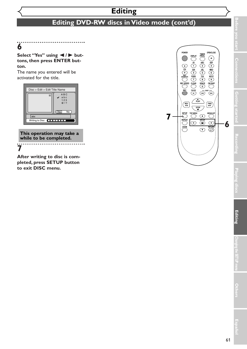 Editing, Editing dvd-rw discs in video mode (cont’d) | Emerson EWR10D4 User Manual | Page 61 / 100