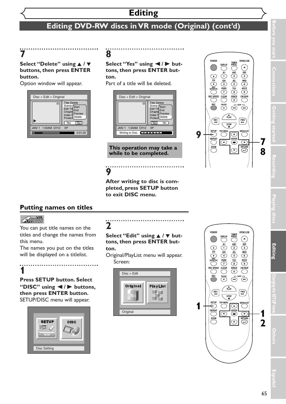 Editing, Putting names on titles | Emerson EWR10D4 User Manual | Page 65 / 100