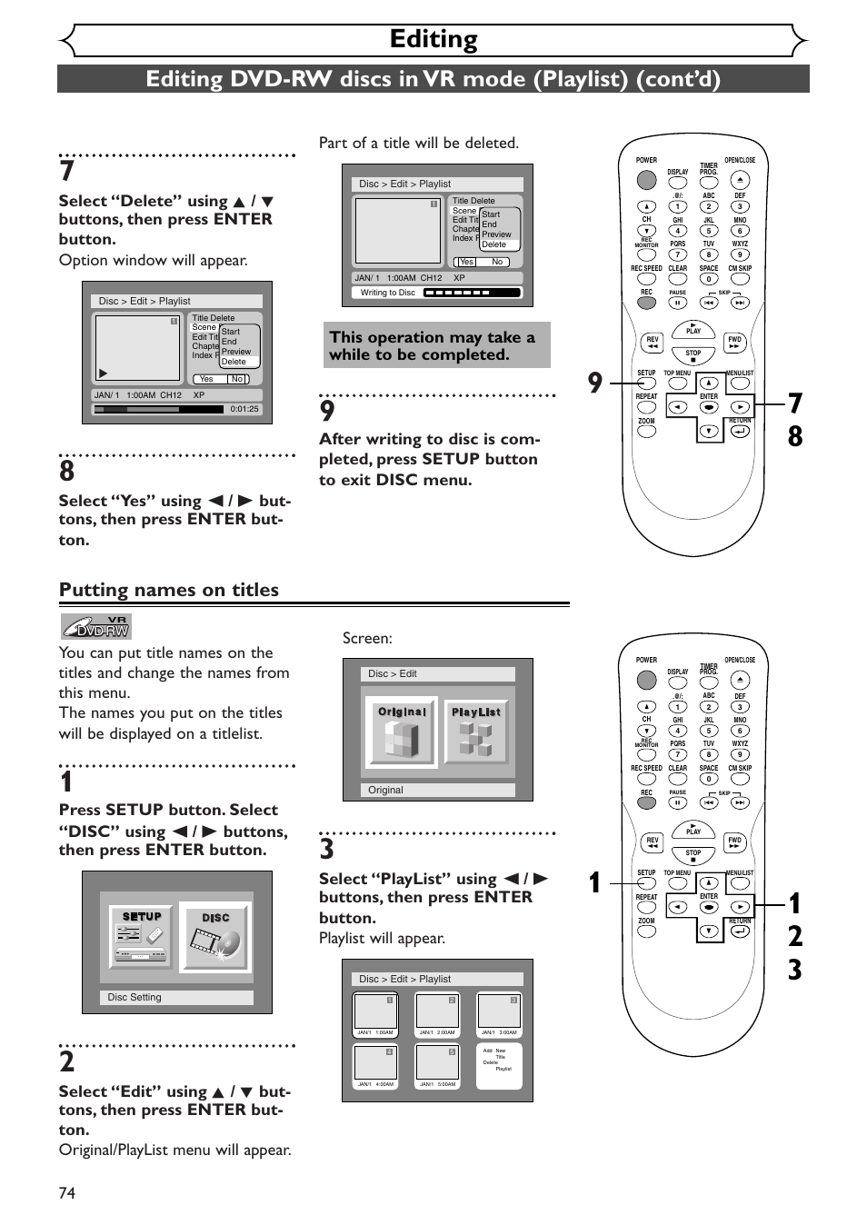 Editing, Putting names on titles, Dvd-rw | Emerson EWR10D4 User Manual | Page 74 / 100