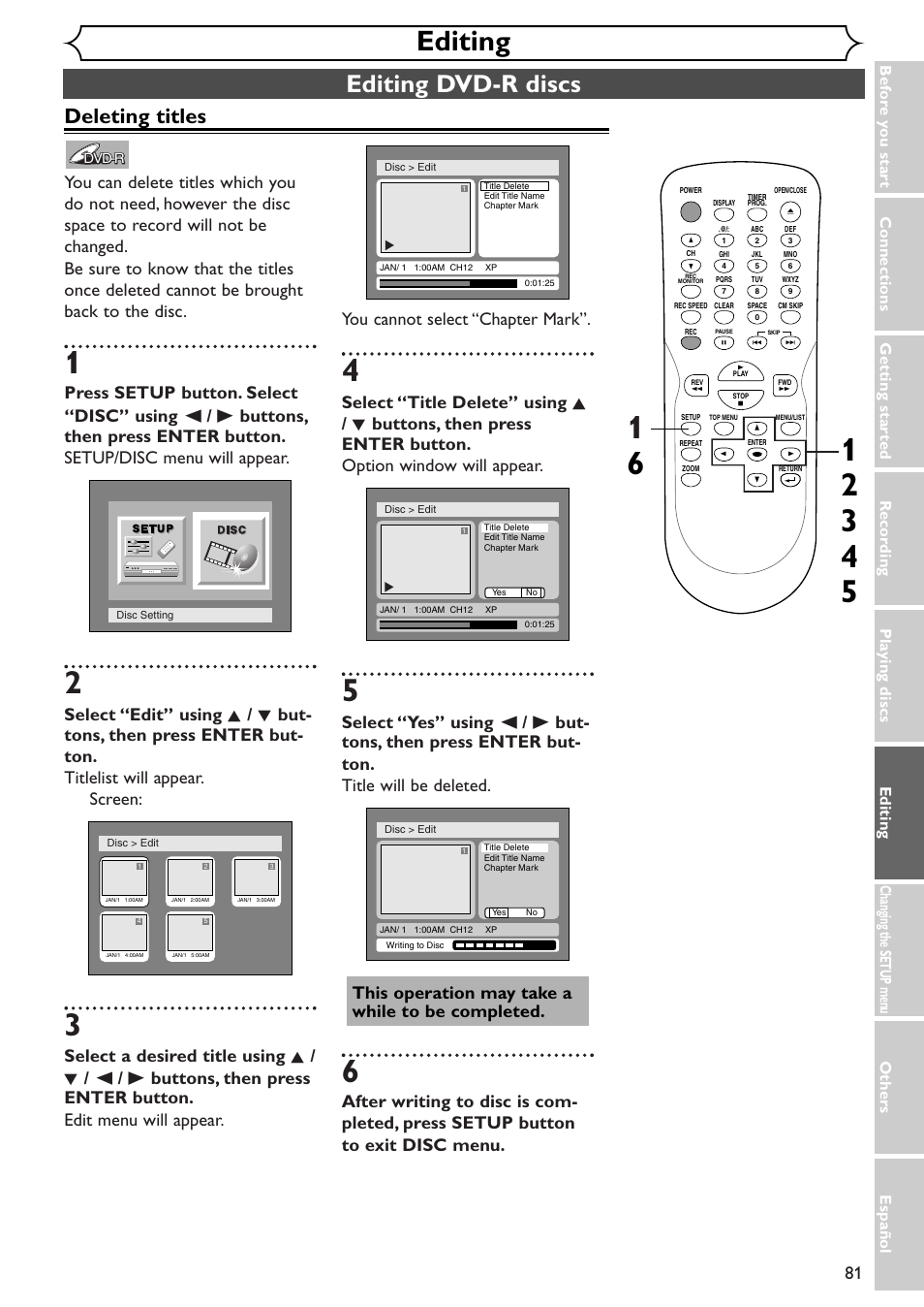 Editing, Editing dvd-r discs, Deleting titles | Emerson EWR10D4 User Manual | Page 81 / 100